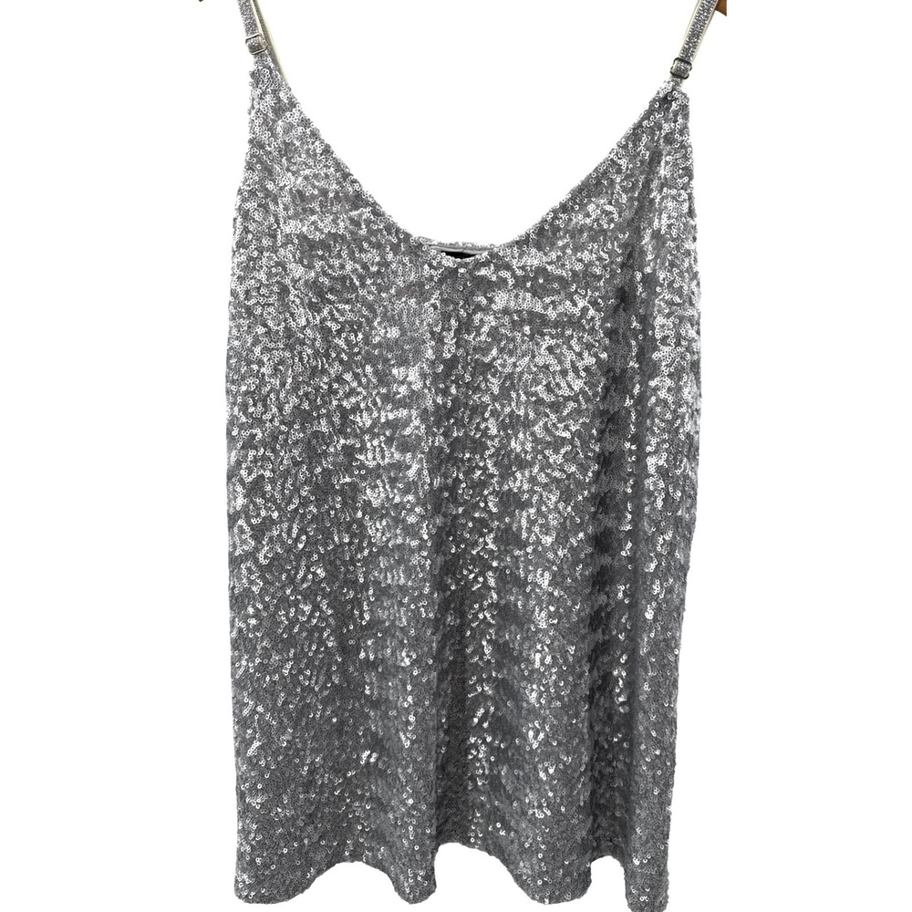 Boston Proper Sequin Cami Top Large Silver Sparkle Holiday Party Adjustable - Picture 6 of 6
